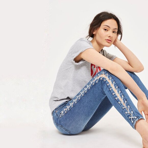 2/$30 Topshop Moto Jamie Jeans High Rise Lace-up Crop Skinny Mid Wash W26 #9293 - Picture 1 of 11